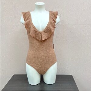Elegant Ruffled Tan One Piece Swimsuit
